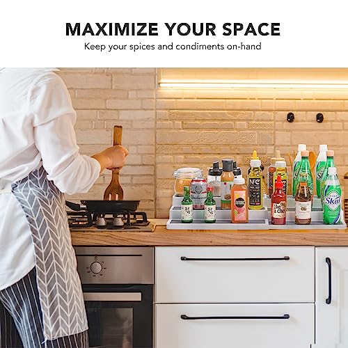 CiWiVOKi 3 Tier Expandable Spice Rack Organizer, White/Grey Plastic Spice Rack, Adjustable Length 14.6In-25.8In, 2 Pack Non-Skid Tiered Spice Shelf Organizer for Kitchen Cabinet, Cupboard, Pantry
