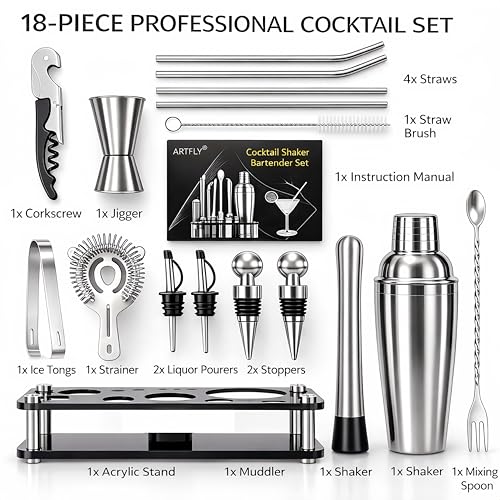ARTFLY Cocktail Shaker Set, 18-Piece Bartender Kit with Acrylic Stand, 18/8 Stainless Steel Bar Set with Martini Shaker, Jigger, Muddler & Recipe Book for Home Bar