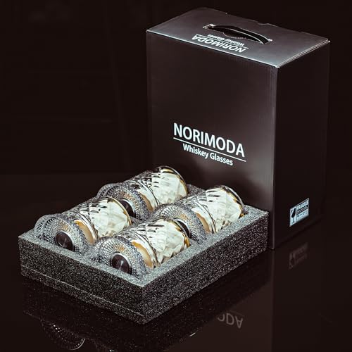 NORIMODA Spinning Whiskey Glasses Set of 4 With Iceball Molds, 9.5oz Lead-free Rotating Old Fashioned Rocks Glasses for Bourbon, Scotch, Liquor and Cocktails, Gifts for Whiskey-lovers