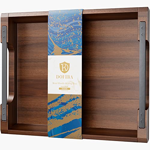 Dofira Acacia Wood Serving Tray with Metal Handles, 17x13in Food Drinks Tray for Coffee Table, Breakfast, Dinner & Bar, Rustic Decorative Storage Tray for Ottoman, Kitchen, Elegent Gift for Father