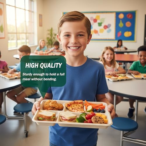 Tinybee 100% Compostable 5 Compartment Paper Plates 12.5 * 8.6 Inch [100-Pack] Heavy Duty Divided Disposable Eco-Friendly Bagasse Plates Lunch Trays for Buffet/Party/School (BPI-Certified) Nautral