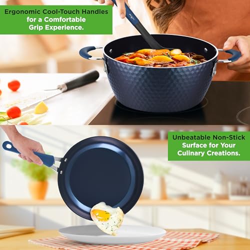 NutriChef 11 Piece Pots and Pans Set - Non Stick Cookware Set with Ceramic Coating, Cool-Touch Handles, Induction Ready, Includes Lids, and Utensils - Diamond Blue