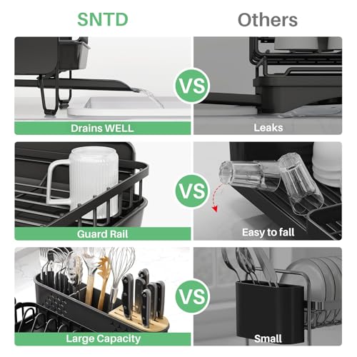 SNTD Dish Drying Rack - Large Dish Racks for Kitchen Counter, Expandable Dish Drainers with Cutlery Holder Stainless Steel Rustproof, Black