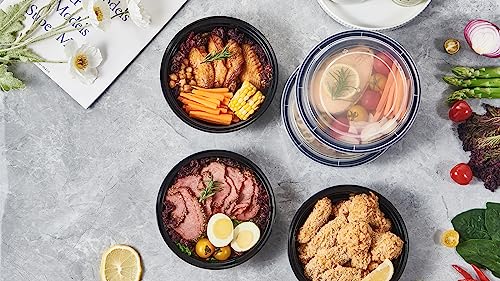 FULING 24 oz 50 ct Round Meal Prep Food Storage Containers with Lids To Go Plastic Lunch Plan Box Disposable Take Out Bowls Black BPA Free Reusable Durable Stackable Microwave Freezer Dishwasher Safe