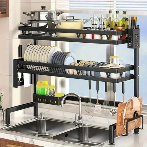LeVcoecam 3-Tier Over Sink Dish Draining Rack Adjustable Width and Height with Phone Holder Cup Holder, Knife and Chopstick Holder, Cutting Board Rack, Space-Saving Rack