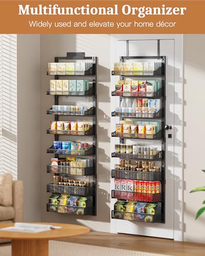 POKIPO 8-Tier Over the Door Pantry Organizer, Large Metal Door Spice Rack with Adjustable Basket, 2 in 1 Wall Mount or Hanging Heavy-Duty Pantry Door Storage Shelf for Kitchen and Bathroom, Black