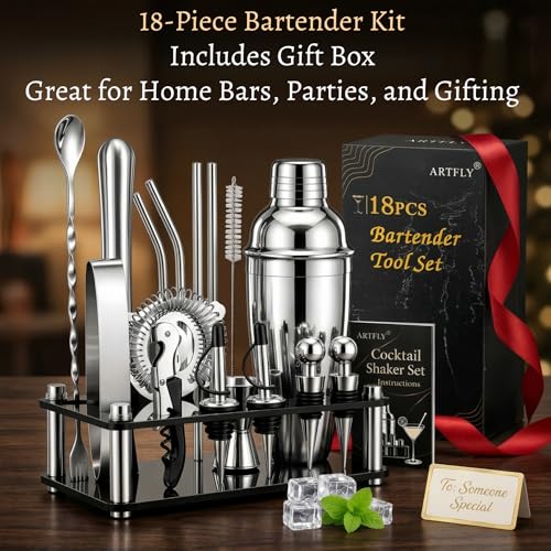 ARTFLY Cocktail Shaker Set, 18-Piece Bartender Kit with Acrylic Stand, 18/8 Stainless Steel Bar Set with Martini Shaker, Jigger, Muddler & Recipe Book for Home Bar