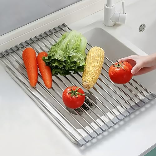 Sayehuanye Roll Up Dish Drying Rack 17.7" x 11.8" Over The Sink Dish Drying Rack, Kitchen Dish Rack Stainless Steel Dish Drying Rack for Kitchen Sink Counter Storage (Grey)