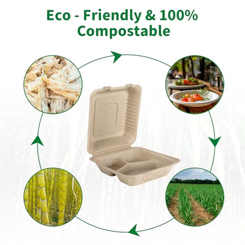 Aricsen 50 Pack 3 Compartment Compostable 8x9 Inch Takeout Lunch Box Containers with Lid To Go Take Out Clamshell for Food, Disposable Eco-Friendly Biodegradable Bagasse, PFAS-Free, Brown