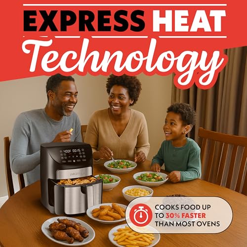 Gourmia Air Fryer - 7 Qt Large Capacity, FryForce360º, Digital Display with 10 Presets, Roast, Bake, Broil, Dehydrate, Dishwasher Safe Accessories, Black
