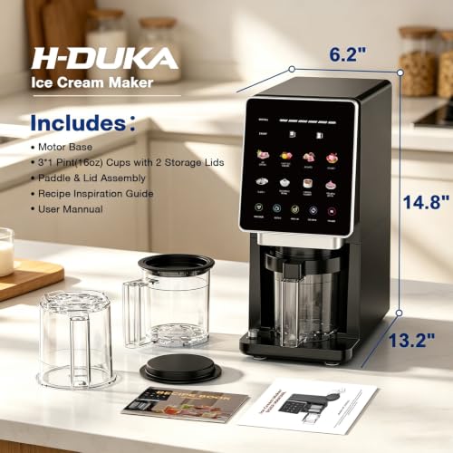 H-Duka 10-in-1 Ice Cream Maker Machine, 800W Frozen Treat Maker for Silky Gelato, Sorbet&Slushies, One-Touch Mix-In & Re-Spin for Creamy Texture, Keto & Vegan, Includes 3 Cups & Recipe Guide, Black
