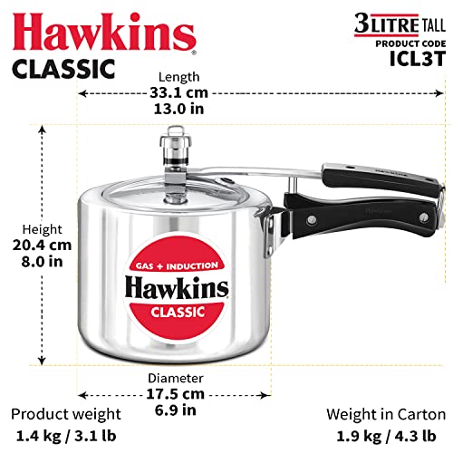 Hawkins Aluminium Classic 3 Litre Pressure Cooker, 3.2 Quarts, Silver, Ideal for 3-4 Persons, Super-fast Cooking, Saves Fuel