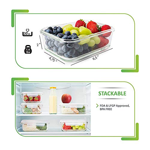 PrepNaturals 5 Pack 30oz Glass Meal Prep Containers - 1 Compartment