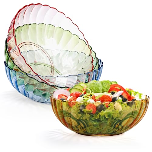 Fasmov 4 Pack Plastic Serving Bowls, Plastic Salad Mixing Bowls, 74oz Break Resistant Plastic Bowls for Salad, Fruit, Popcorn, Chip and Dip, Multicolor