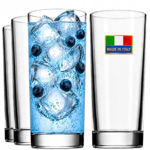 Godinger Highball Drinking Glasses, Italian Made Tall Glass Cups, Water Glasses Drinking Set, Cocktail Glasses - 14oz, Set of 4, Made In Italy