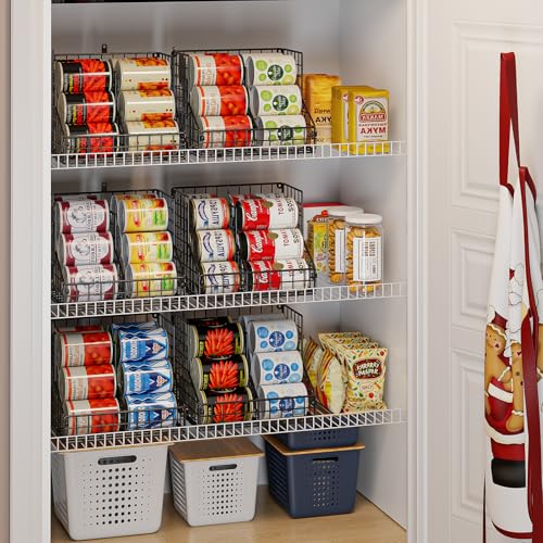 Stackable Can Organizer for Pantry with 2 Adjustable Dividers, Soda Can Organizer, Can Storage Dispenser Holds up to 28 Cans, 2 tier Metal Wire Baskets Can Holder for Kitchen Cabinet Pantry, Black