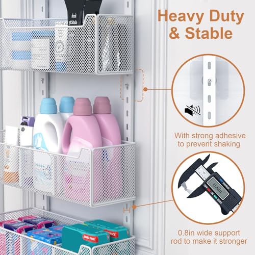 VyGrow Over The Door Organizer, Metal Door Organizer Hanging with 5 Adjustable Baskets and Coat Hook, Behind The Door Storage for Bedroom Closet Bathroom Pantry Cabinet Kitchen, White