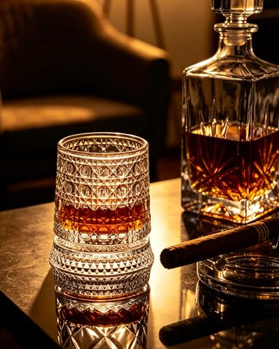 CEEFU Old Fashioned Whiskey Glasses with 360° Rotating Base, Set of 2 (2 Crystal Glasses Set, 2 Big Ice Ball Molds) In Gift Box - Bourbon, Cocktail, Rocks, Bday Gifts Ideas for Men, Gem Pattern