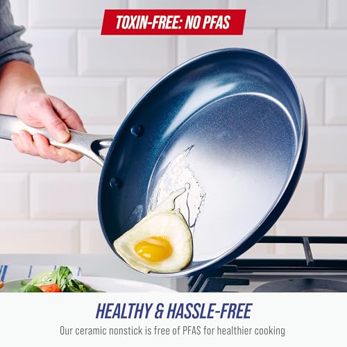 Blue Diamond 10" Nonstick Frying Pan Skillet, Diamond Infused PFAS-Free Ceramic Pot, Dishwasher & Oven Safe, Stay Cool Handle, Durable Non Toxic Metal Utensil Safe, Egg & Omelet Pan, Blue