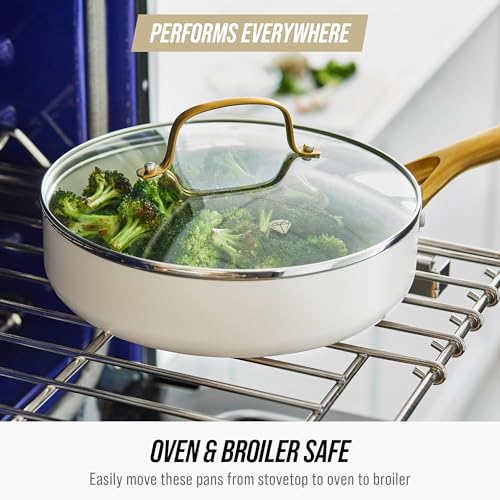 Blue Diamond 12 Piece Nonstick Cookware Set, Diamond Ceramic Pots & Pans, Dishwasher & Metal Utensil Safe, Non Toxic PFAS-Free, Kitchen Cooking Sauce & Saute Pans, Oven & Broiler to 600F, White