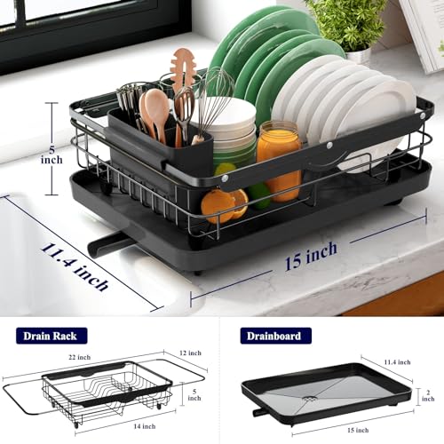 Kitsure Dish Drying Rack for Kitchen Counter, 12.2''W x 15.7''~23''L, Black