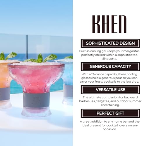 Khen Frozen Margarita & Cocktail Chiller Glasses | Set of 4 | Cooling Cups 12 OZ Unbreakable Tritan Acrylic, Double Wall Insulated to Keep Drink Cool, Freeze Gel Glass Cup, Silicone Holder