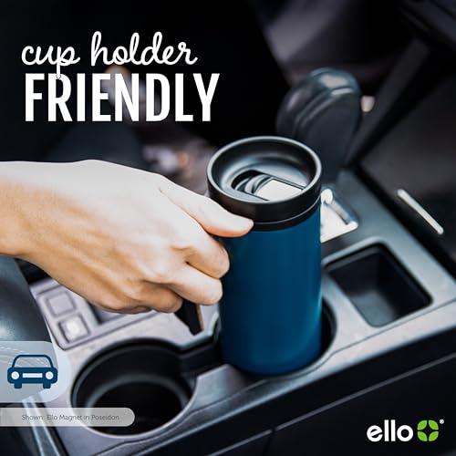 Ello Magnet 18oz Stainless Steel Travel Mug with Handle and Leak Proof Lid | Vacuum Insulated Coffee Cup Keeps Drinks Hot for 5 Hours | BPA Free Tumbler with Built In Coaster, Matte Black