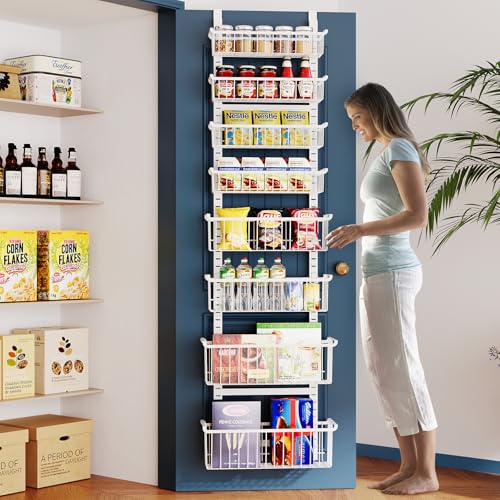 Over The Door Pantry Organizer, 8-Tier Over The Door Organizer with Adjustable Baskets, Metal Hanging Spice Rack for Pantry Organizers and Storage, Suitable for Kitchen Laundry Room & Bathroom, White