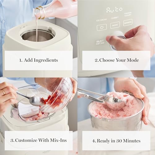 Martha Stewart 1 Quart Ice Cream Maker, Built-In Compressor, No Pre-Freezing Required, 3 Modes (Ice Cream, Sorbet, Frozen Yogurt), Automatic Mix-In Alert, Dishwasher-Safe Parts, Linen Cream