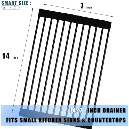 LMHOUS Roll up Dish Drying Rack Silicone Wrapped Stainless Steel 14.5" x 7", Black (M), Over the Sink, Heat Resistant, Foldable