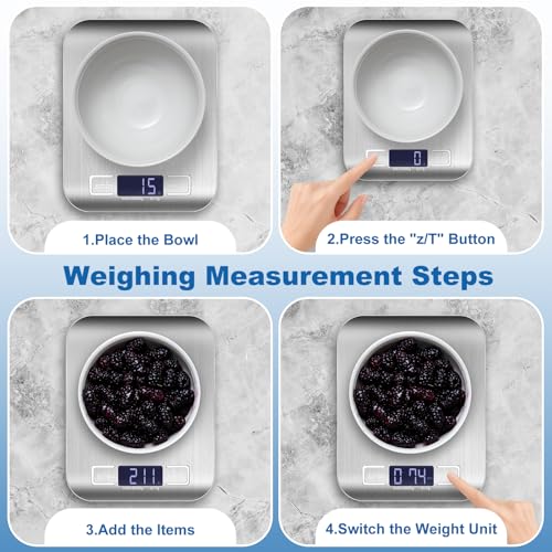 Girwu Food Scale, Digital Kitchen Scale with 1g Accuracy, 11lb/22lb Capacity & Backlit LCD, Stainless Steel Tare Scale for Baking, Cooking and Meal Prep, 5.5x7x0.6 Inches (Batteries Included)