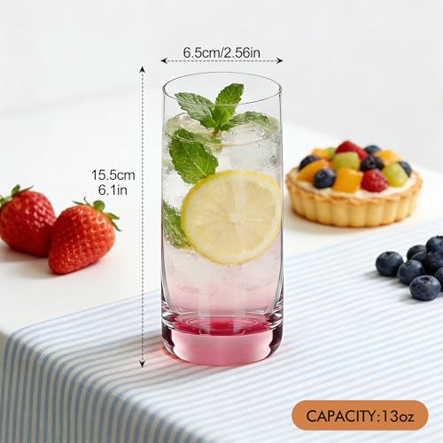 GLAZVIA Colored Highball Glasses Set of 6,13oz Drinking Glass Cups for Mixed Drink Cocktail, Beer, Mojito, Water and Juice,Thick Tall Crystal Glassware for Kitchen, Restaurant, Home Bar and Parties
