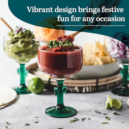 Libbey 3620JS Cactus Margarita Glasses Set of 4, Durable Green Stemmed Cocktail Glasses, 16 Oz Clear Bowl Lead-Free Cactus Glassware