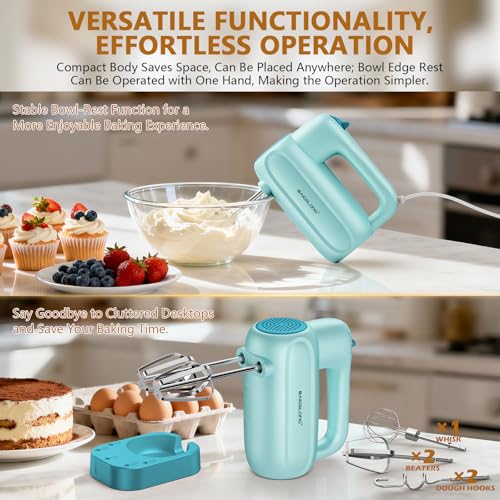 BAIGELONG Hand Electric Mixer, 5-Speed KitchenMixer with 5 * 304 Stainless Steel Attachments + Storage Base, Food Handheld Mixer for Baking, Whipping Cream, Cake Mixing, Blue