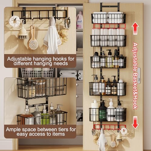 Hongtamoya Adjustable Over the Door Organizer, Metal Hanging Door Organizer with 5 Wire Basket 7 Hooks, Wall Mounted Shelf for Pantry Laundry Organization and Storage, Black