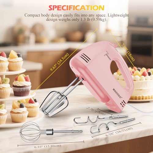 WADODO 7-Speed Electric Hand Mixer – Portable Food Mixer Kitchen Mixer with 304 *(1x Whisk, 2x Beater, 2x Dough hook) for Baking Cakes, Cream, Cookies, LIGHT PINK