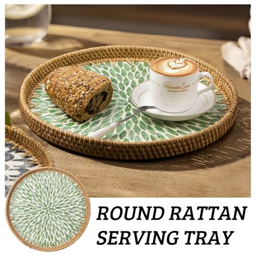 Aayoruro Round Rattan Tray with Mother of Pearl Inlay, Decorative Wicker Serving Tray with Wooden Base, Woven Basket Trays for Bread Fruits Coffee, Leaf