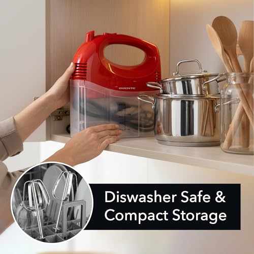OVENTE 5-Speed Electric Hand Mixer with Storage Case,150W, Red HM151R