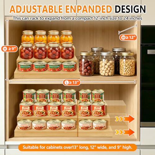 Aclema 2 Pack Bamboo Expandable Can Rack Organizer for Pantry, Stackable 3 Tier Canned Food Organizers and Storage, Kitchen Cabinet, Food Can Holders Dispensers for Pantry Up To 48 Cans
