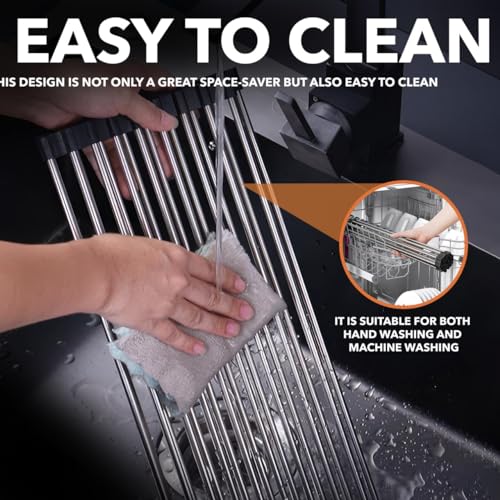 Roll-Up Dish Drying Rack 21"(L) x 16"(W) - Foldable Multipurpose Heat Resistant Large Stainless Steel Kitchen Rollup Dish Drainer Over Sink Mat - Silicone Coated Rims