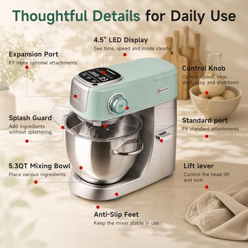 Hauswirt Stand Mixer Silent with LED Touch Screen, 5.3QT XL Large Mixers Kitchen Electric Stand Mixer for Household, 500W DC Motor 11-Speed for Bread Pasta Meat – Lake Green