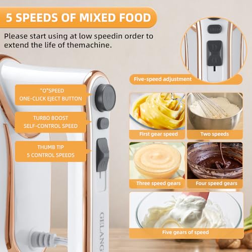 GELANGS Hand Mixer, 5-Speed Electric with Turbo Boost, White, Copper Motor, 400W, Dishwasher-Safe Attachments for Baking, Whipping, Dough