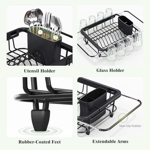 Urackify Expandable Dish Drying Rack Over The Sink, Adjustable Dish Rack in Sink, Rustproof Dish Drainer for Kitchen Counter, Dish Strainer with Utensil Holder (Black, Standard)