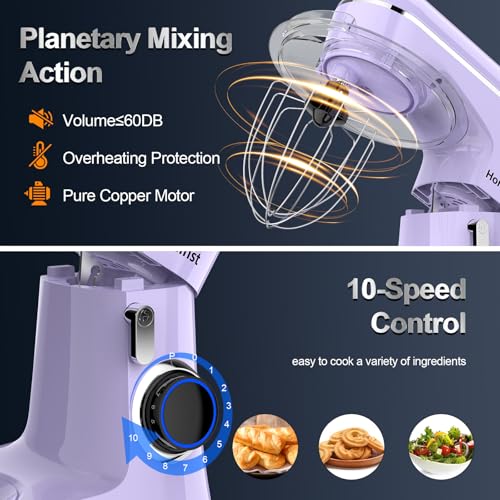 Honinst Stand Mixer, 6.5QT 10-Speed Tilt-Head Electric Stand Mixer, 3-In-1 Kitchen Mixer with Bowl, Dough Hook, Whisk and Beater, Food Mixer for Baking, Cake and Most Home Cooks, Purple
