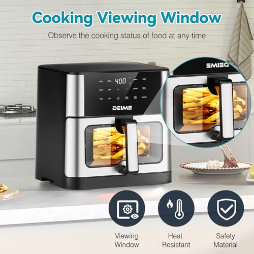 DEIME Air Fryer 10.2 QT, 1700W Large Capacity with 10 Preset, Visual Cooking Window, Non-Stick Basket, Recipe Included (Silver)