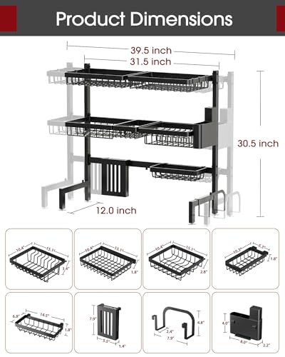 Sakugi Over The Sink Dish Drying Rack - Adjustable 3 Tier XX-Large Capacity Stainless Steel Drainer with Cutlery & Utensil Holders, Kitchen Storage & Organization, 31.5"-39.5"L x 12"W x 30.5"H, Black