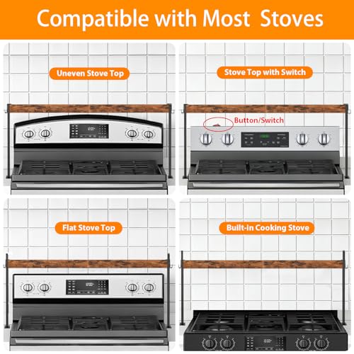 EffiJoy Spice Rack Shelf for 30-inch Kitchen Stove, Over the Stove Shelf with 4 Level Adjustable Height, Over Stove Spice Rack with 4 Hooks, Rustic Brown + Black