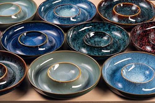 ArtifexCeram Ceramic Chips and Dip Serving Tray - Large Divided Party Bowl Set for Salsa, Veggies, Fruit & Snacks - Modern Minimalist Appetizer Platter with Unique Kiln-Change Glaze (Red Speckled)
