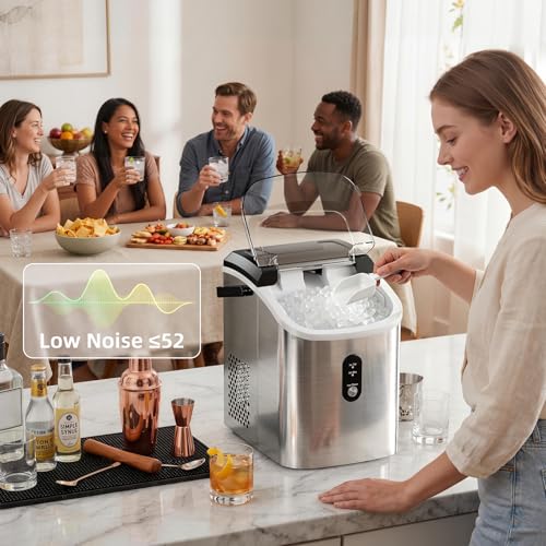 Nugget Countertop Ice Maker with Soft Chewable Ice, 35Lbs/24H, Pebble Portable Ice Machine with Ice Scoop, Self-Cleaning, One-Click Operation, for Kitchen,Office Stainless Steel Silver