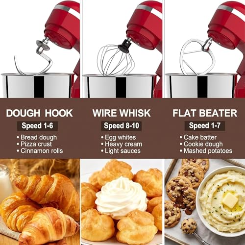 LAZMOQUSA 6in1 Stand Mixer with 6.5 Quart Bowl, 660W 10+p Speeds Kitchen Food Mixer Tilt-Head Bread Dough and Cake Mixers for Home Daily Use (Red)